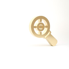 Obraz premium Gold Target financial goal concept with magnifying glass icon isolated on white background. Symbolic goals achievement, success. 3d illustration 3D render