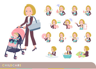 赤ちゃんのお世話をする金髪ビジネス女性のセット