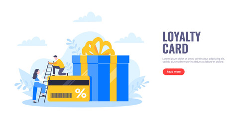 Get loyalty card and customer service business concept flat design vector illustration. Earn loyalty program points and get online reward and gifts. Tiny people with big card and gift box.