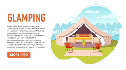 Glamping or Glamor camping. Modern comfortable tent with forest and clouds on background. Recreation in wild nature with facilities. Flat style concept banner, vacation and travel concept. Isolated on