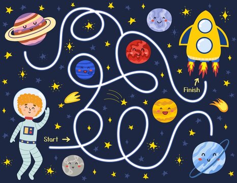 Space maze puzzle for kids. Help a cute boy astronaut find way to the rocket. Activity page with funny space character.  Mini game for school and preschool. Vector illustration