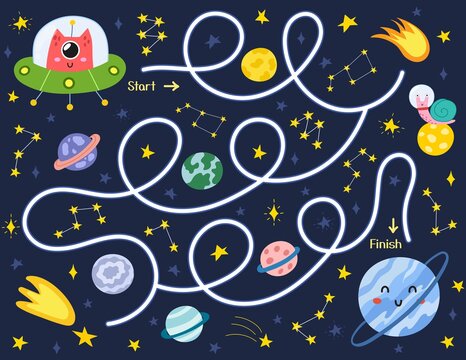 Space maze puzzle for kids. Help a cute alien in a flying saucer find way to the planet. Activity page with funny space character.  Mini game for school and preschool. Vector illustration