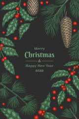 Christmas hand drawn vector greeting card design template. Vintage style botanical illustration. Winter plants xmas banner.