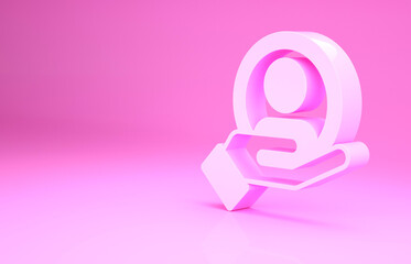 Pink Hand for search a people icon isolated on pink background. Recruitment or selection concept. Search for employees and job. Minimalism concept. 3d illustration 3D render