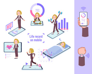 スマートフォンで行動と健康を管理している金髪ビジネス女性のセット