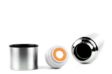 Metal thermos made of stainless steel. On white background. Thermos cup.