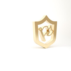 Gold Shield with flag icon isolated on white background. Victory, winning and conquer adversity concept. 3d illustration 3D render
