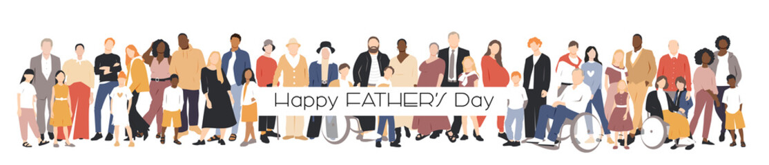 Obraz premium Happy Father's Day card. Multicultural group of mothers and fathers with kids. Flat vector illustration.