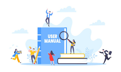 User manual guide book flat style design vector illustration. Tiny people, magnifying glass and guidance manual instructions working together with guide book. Specifications user guidance document.