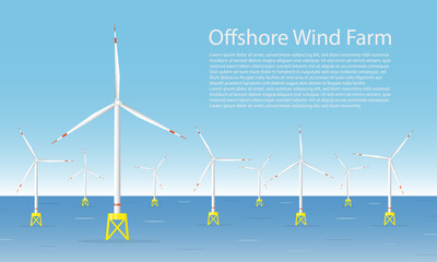 Wind turbines in the sea. Wind towers in the ocean. Offshore wind turbine farm concept. Horizontal banner template with a space for text. Flat vector illustration.