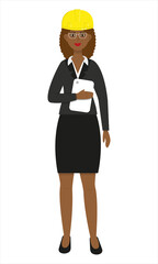 Beautiful African American woman in yellow helmet with tablet. Engineer. Architect. Contractor. Business woman. Isolated flat vector illustration.