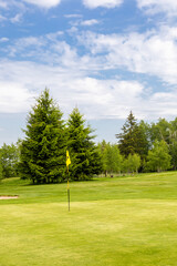 Golf green with flag in spring nature under blue sky