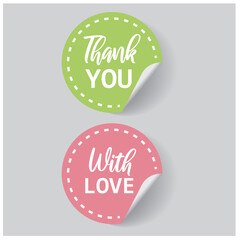 Sticker with curled corner and with the inscription Thank you and With love, vector.