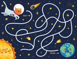 Help a cute cat astronaut find a way to the Earth. Space maze puzzle for kids. Activity page with funny space character.  Mini game for school and preschool. Vector illustration