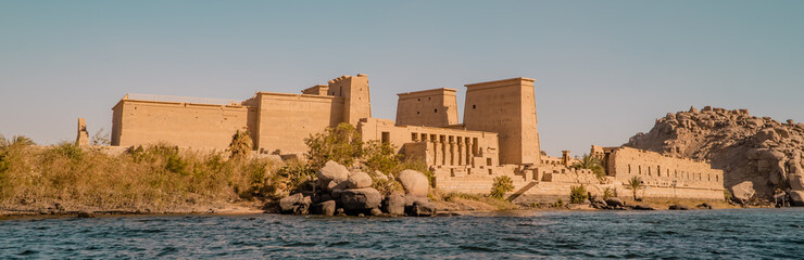 Panorama view of the Temple of Isis on Agilkia Island (formerly Philae) in the reservoir of the...