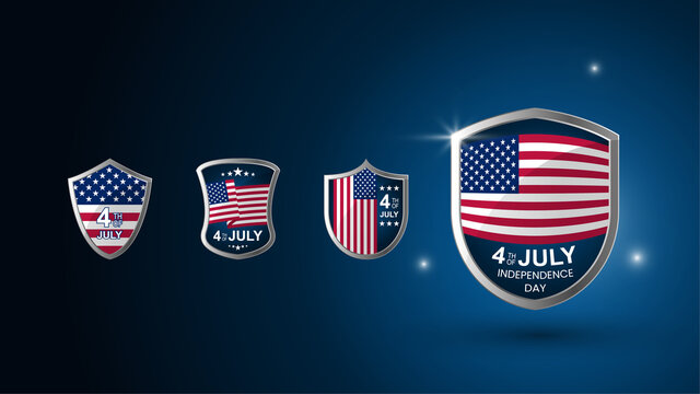 Collection of badges for the independence day USA. 4th of July. Realistic 3d badge on a dark blue background. Set. Vector