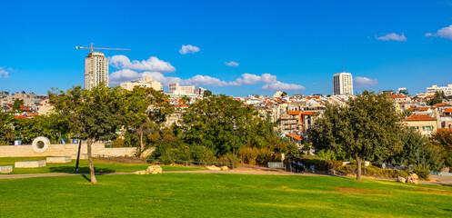 Panoramic view of central Jerusalem city center seen from Sacker Park in Givat Ram quarter of...