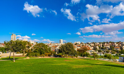 Fototapeta na wymiar Panoramic view of central Jerusalem city center seen from Sacker Park in Givat Ram quarter of Jerusalem, Israel
