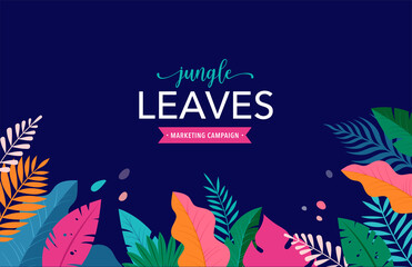 Hello Summer concept design, summer panorama, abstract illustration with jungle exotic leaves, colorful design, summer background and banner
