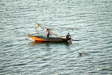 Aerial view of a Vietnamese fishing boat at sea