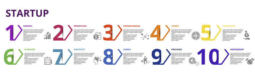 Infographic Startup template. Icons in different colors. Include Partnership, Precision, Career, Creativity and others.