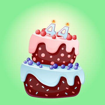 Forty four years birthday cake with candles number 44. Cute cartoon festive vector image. Chocolate biscuit with berries, cherries and blueberries. Happy Birthday illustration for parties