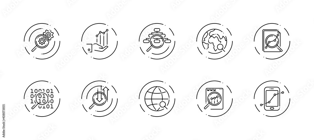 Poster 10 in 1 vector icons set related to data analysis theme. black lineart vector icons isolated on back