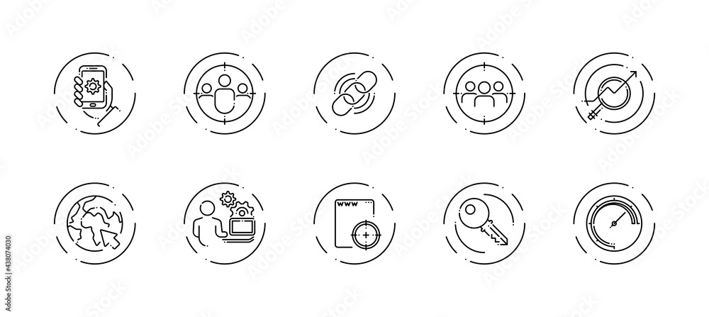 Poster 10 in 1 vector icons set related to seo link optimization theme. black lineart vector icons isolated