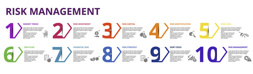 Infographic Risk Management template. Icons in different colors. Include Market Trend, Risk Investment, Capital, Identification and others.