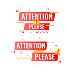 attention please banner label with flat geometric memphis elements