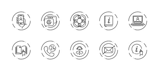 10 in 1 vector icons set related to customer support theme. Black lineart vector icons isolated on background.