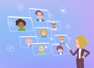 スマートフォンを使ってオンラインコミュニケーションをとっている金髪ビジネス女性のセット