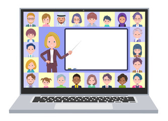 オンラインで授業を教えている金髪ビジネス女性のセット