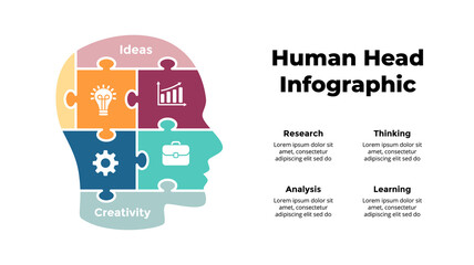 Human head puzzle Infographic. Generating new ideas. Educational concept. Vector slide template. Creative illustration. 