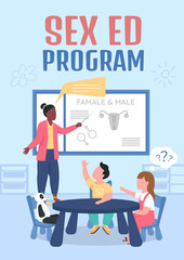Sex ed program poster flat vector template. Teaching children human anatomy. Brochure, booklet one page concept design with cartoon characters. Preschool education flyer, leaflet with copy space