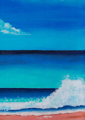 seascape.oil painting.blue horizon, clear sky with clouds, sea foam wave, sandy beach sea or ocean