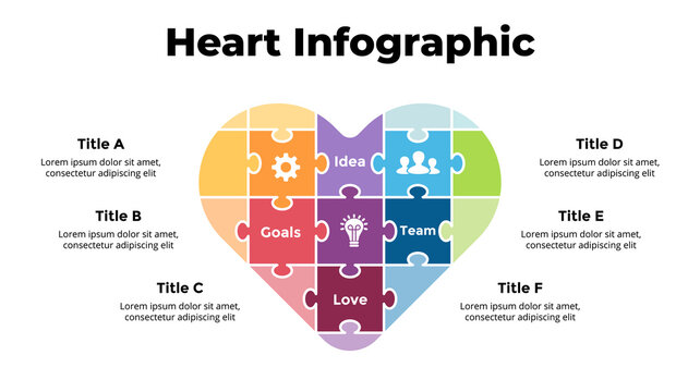Puzzle jigsaw heart sign Infographic. Valentine's Day. Medical healthcare concept. 6 options diagram. Vector illustration slide template. 
