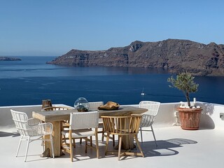 Santorini, Oia, view from hotel balcony on the vulcano