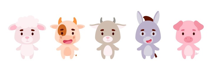 Cute little farm animals set. Collection funny animals characters for kids cards, baby shower, birthday invitation, house interior. Bright colored childish vector illustration.