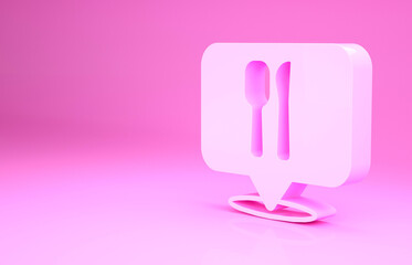 Pink Cafe and restaurant location icon isolated on pink background. Fork and spoon eatery sign inside pinpoint. Minimalism concept. 3d illustration 3D render.