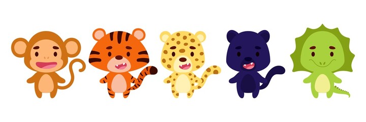 Cute little jungle animals set. Collection funny animals characters for kids cards, baby shower, birthday invitation, house interior. Bright colored childish vector illustration.
