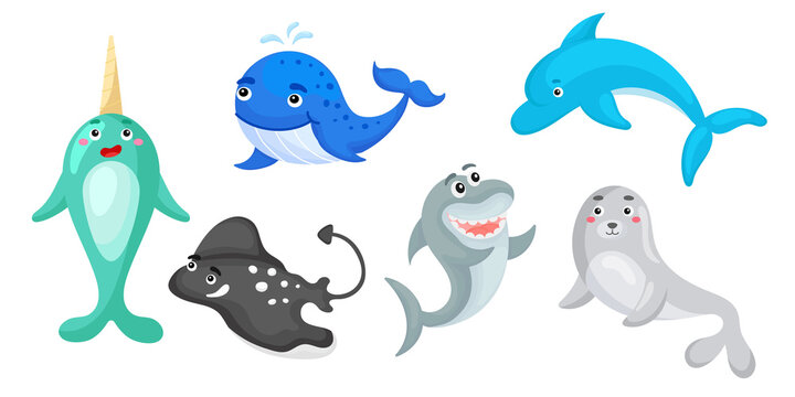Set of ocean animals in cartoon style. Cute animals characters for kids cards, baby shower, birthday invitation, house interior. Bright colored childish vector illustration.