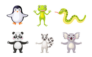 Naklejka premium Set of animals in cartoon style. Cute animals characters for kids cards, baby shower, birthday invitation, house interior. Bright colored childish vector illustration.
