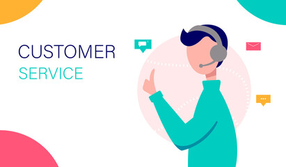 Fototapeta na wymiar Customer service landing page. Call center assistant. Man operator advising clients. Perfect for support, call center, assistance. Vector illustration.