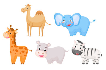 Set of african animals in cartoon style. Cute animals characters for kids cards, baby shower, birthday invitation, house interior. Bright colored childish vector illustration.