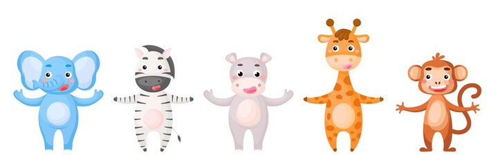 Set of safari animals in cartoon style. Cute animals characters for kids cards, baby shower, birthday invitation, house interior. Bright colored childish vector illustration.