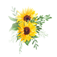 Watercolor sunflowers bouquet. Summer flowers and leaves. Hand painted illustration isolated on white. Great for weddings, greeting card,  t-shirts, bag decorating. Nice art print for home decoration