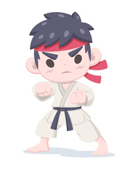 Fototapeta na wymiar Cute style karate boy in fighting stance cartoon illustration 