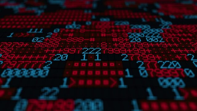 Digital red blue hexadecimal wall of data scrolling with depth of field