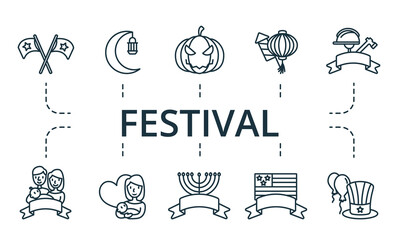 Festival icon set. Contains editable icons theme such as labor day, halloween, hanukkah and more.